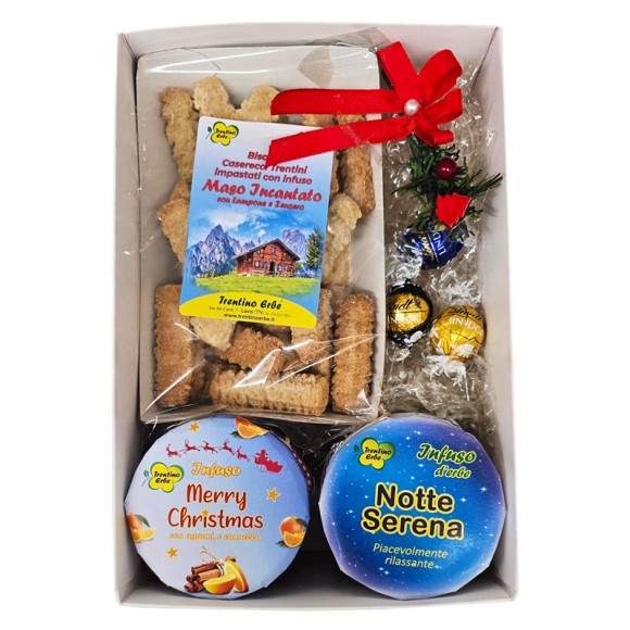 Confezione regalo natalizia con 200g di biscotti agli infusi, 2 infusi da 50 tazze e 3 cioccolatini Lindt assortiti. Decorata con paglia sintetica e un elegante decoro festivo. Specifica il gusto dei biscotti nelle note se desiderato.