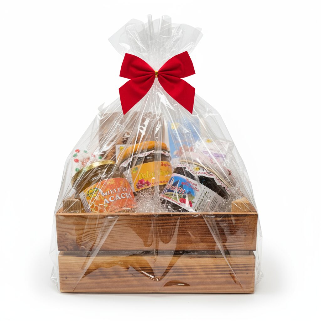 cesto sapori di natale confezionata Eleganti cesti regalo natalizi artigianali con prodotti tipici del Trentino, confezionati con cura su sfondo bianco con ombre naturali. Ogni confezione è personalizzabile e include miele di acacia, biscotti, infusi selezionabili, caramelle e accessori natalizi unici. Perfetti per regali di Natale originali e raffinati.
